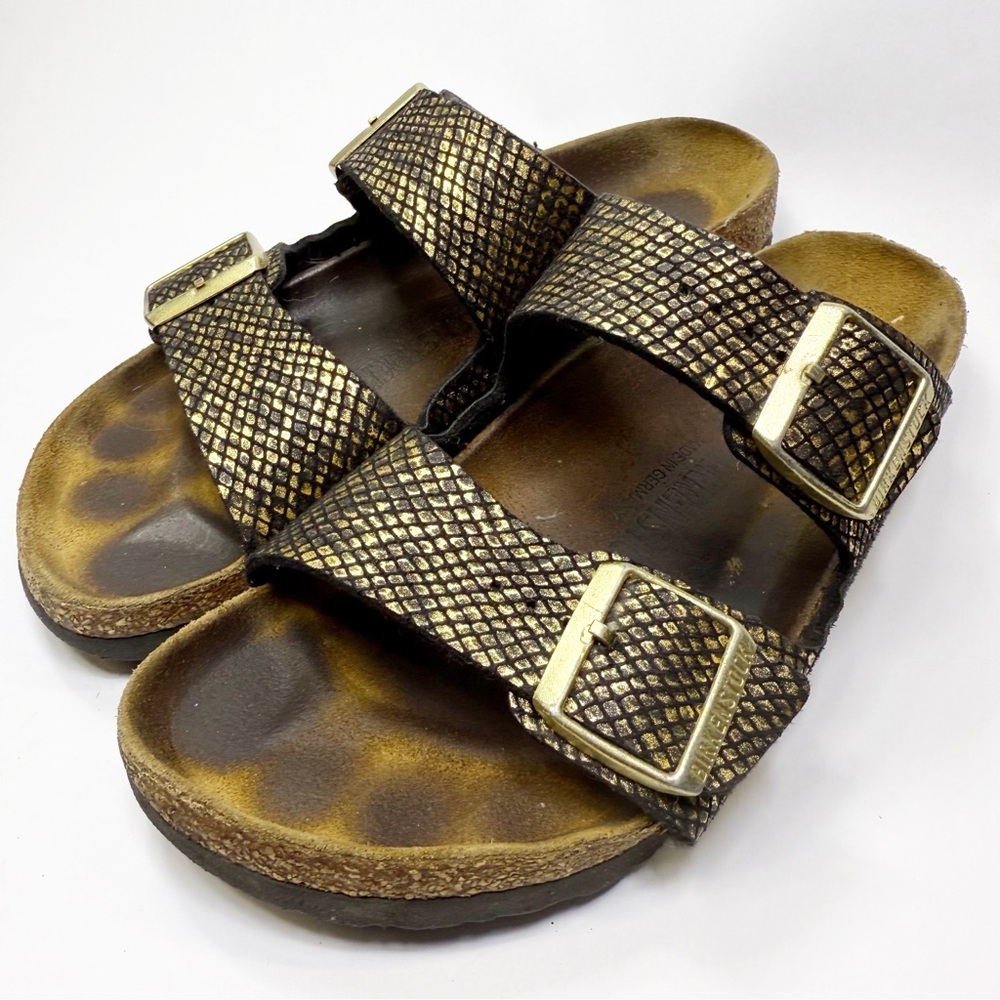 Birkenstock Metallic gold Snake-Print Two-Strap Sandals size 39 L8M6